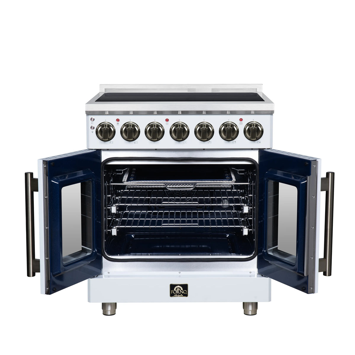 White electric range with oven door open, showing rack and interior back panel