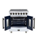 White electric range with oven door open, showing rack and interior back panel