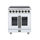 White electric range with dual French doors, radiant burner knobs, and stainless trim