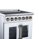 White electric range cooktop with radiant burners and brass-finish control knobs