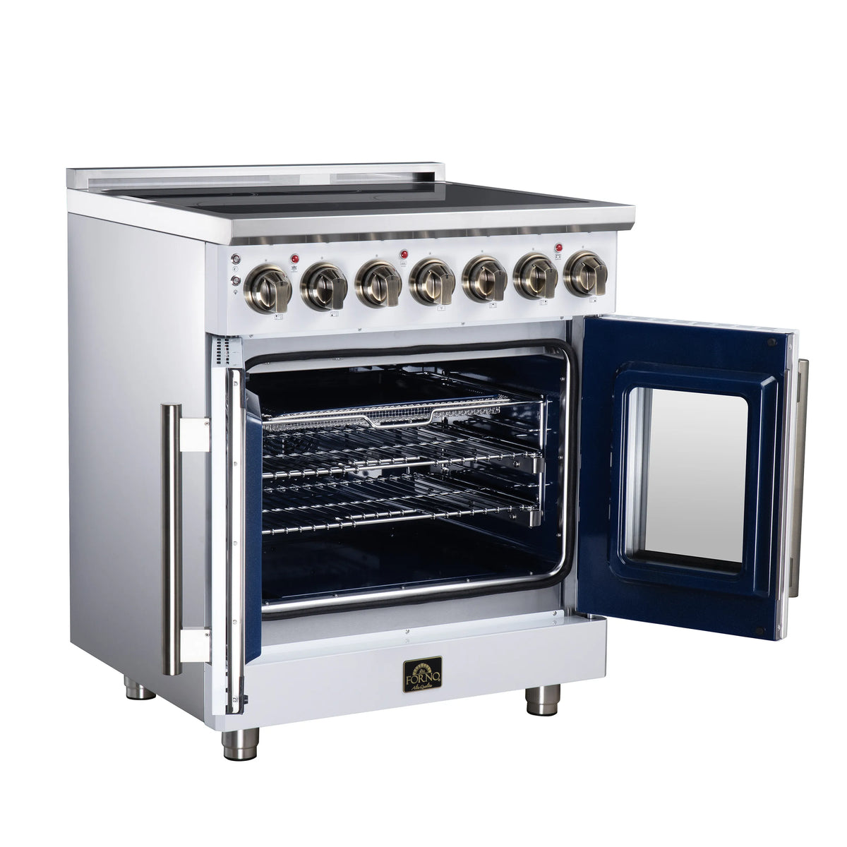 White electric range with oven door open and interior racks, brass-trim handles
