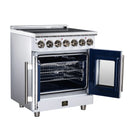 White electric range with oven door open and interior racks, brass-trim handles