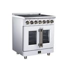 White electric range with dual oven windows and radiant burner control knobs