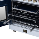 Open oven with wire racks and broiler-style insert inside the electric range
