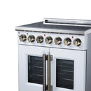 White electric range front with radiant burner knobs and two oven windows