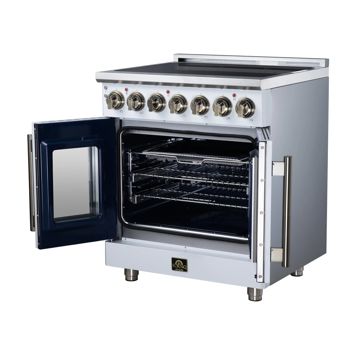 White electric range with oven door swung open, wire racks visible in cavity
