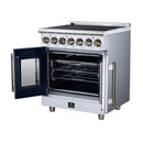 White electric range with oven door swung open, wire racks visible in cavity