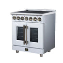 White electric range with French doors, brass-finish handles, and radiant burner controls