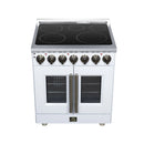 White electric range with French doors, radiant cooktop and antique brass center handle