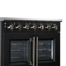 Black electric range control knobs above double glass oven doors