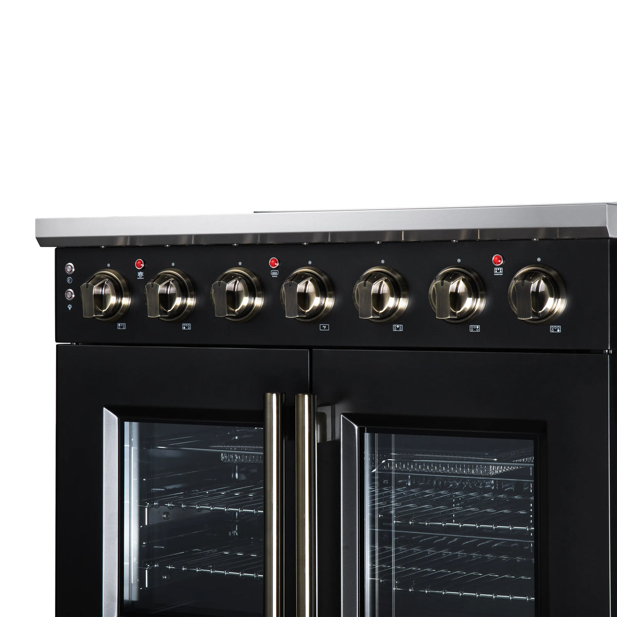 Black electric range with radiant burner knobs and double glass oven doors