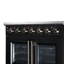 Black electric range with radiant burner knobs and double glass oven doors