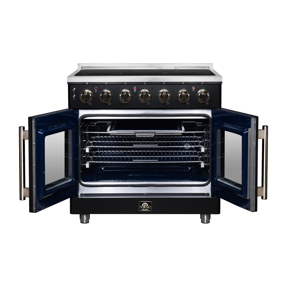 Black electric range with open oven doors showing baking racks and wire shelves