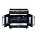 Black electric range with open oven doors showing baking racks and wire shelves