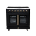FORNO Massimo 36-Inch French Door Electric Range with 5 Radiant Burners, 5.36 Cu. Ft. True Convection Oven, Air Fryer Kit in Black with Antique Brass Trim (FFSEL6955-36BLK)