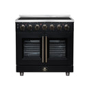 Black 36-inch electric range with double doors, stainless trim, and knob controls
