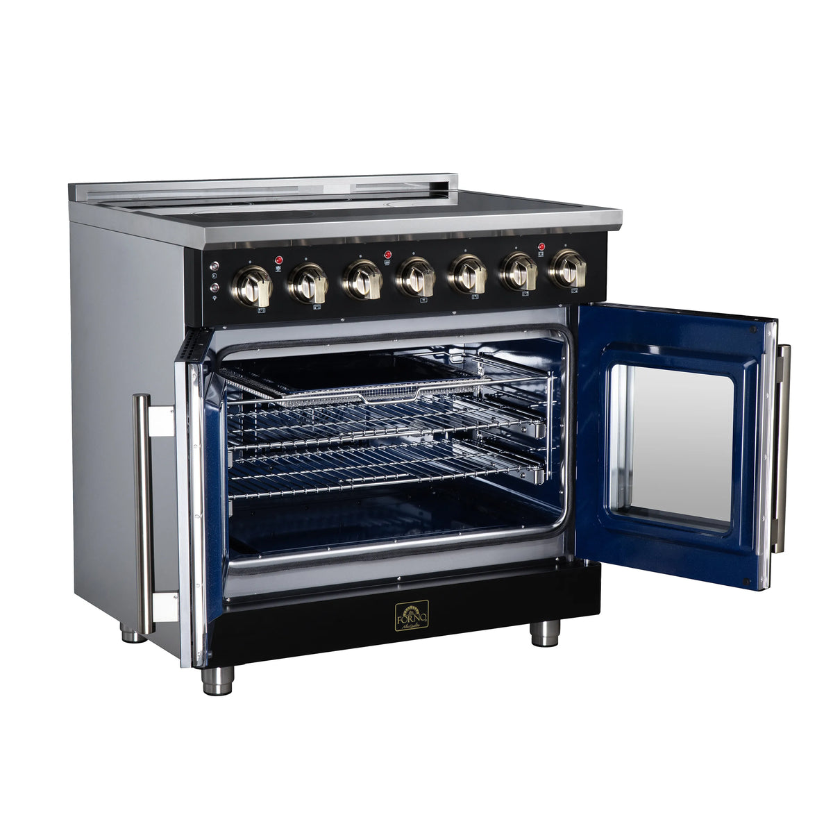 Black electric range with oven door open to show interior racks and convection fan