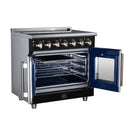 Black electric range with oven door open to show interior racks and convection fan