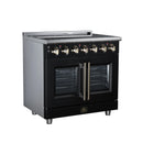 Black electric range with two ovens, stainless handles, and backguard control knobs