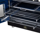 Electric range oven door shelf with wire rack and metal drip tray