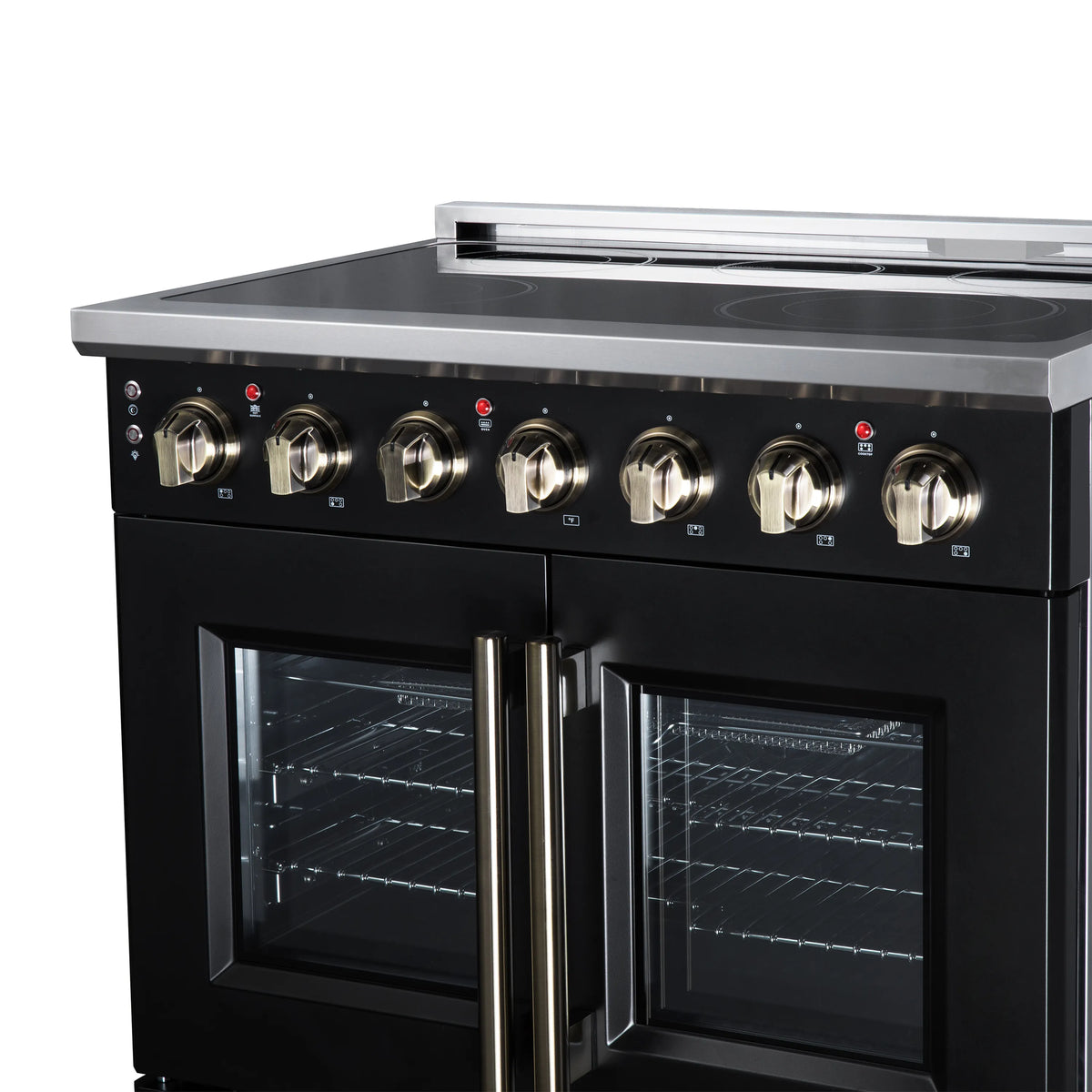 Black electric range front with six radiant burner knobs and two oven doors