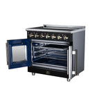 Black electric range with open French doors and radiant cooktop, stainless trim