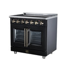 Black electric range with double glass oven doors, stainless handles, and knob panel