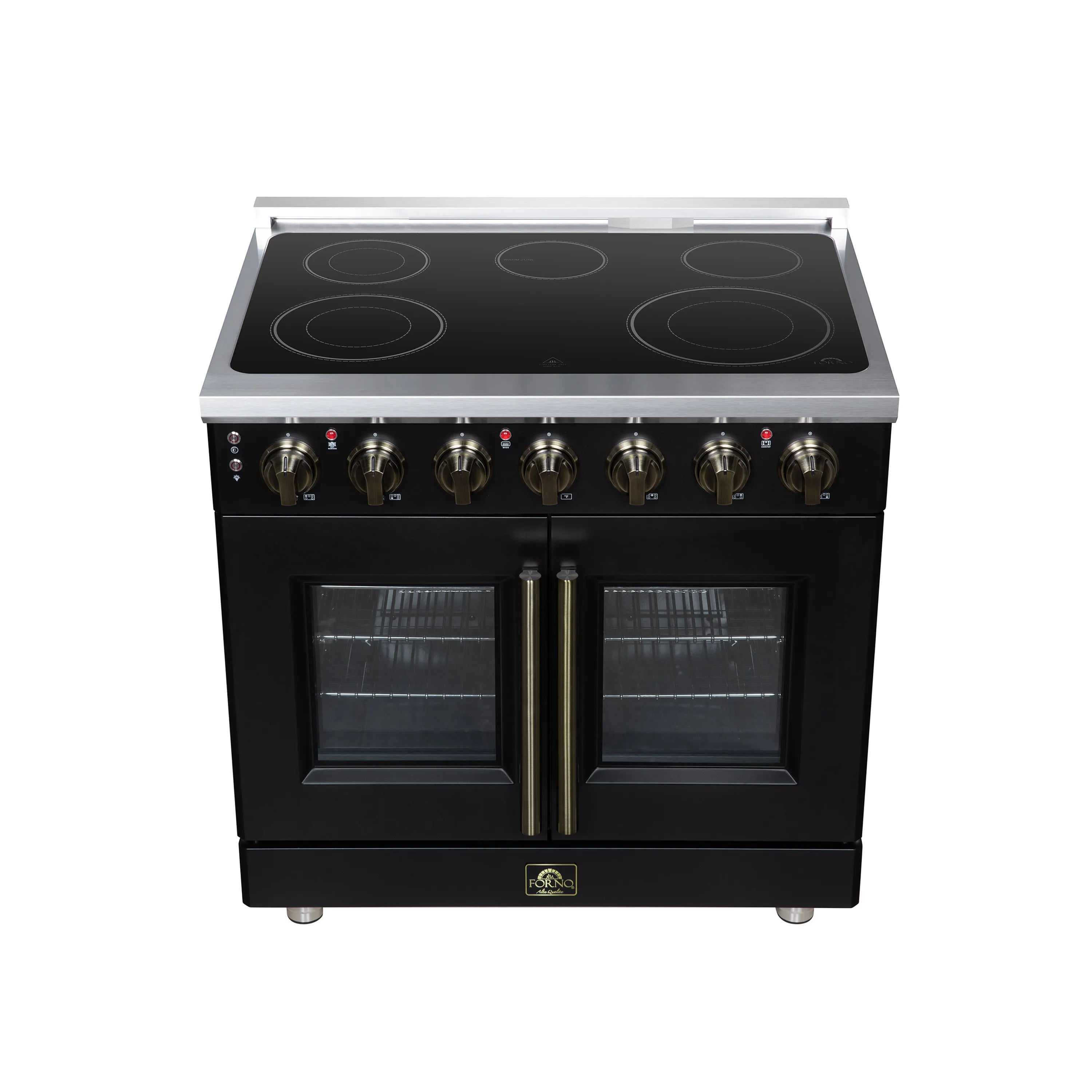 Black electric range with radiant cooktop and two glass oven doors