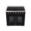 Black electric range with radiant cooktop and two glass oven doors