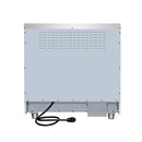 Electric range back panel with ventilation vents and visible power cord and feet