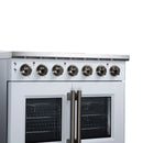 White electric range front with radiant burner knobs and two oven door windows