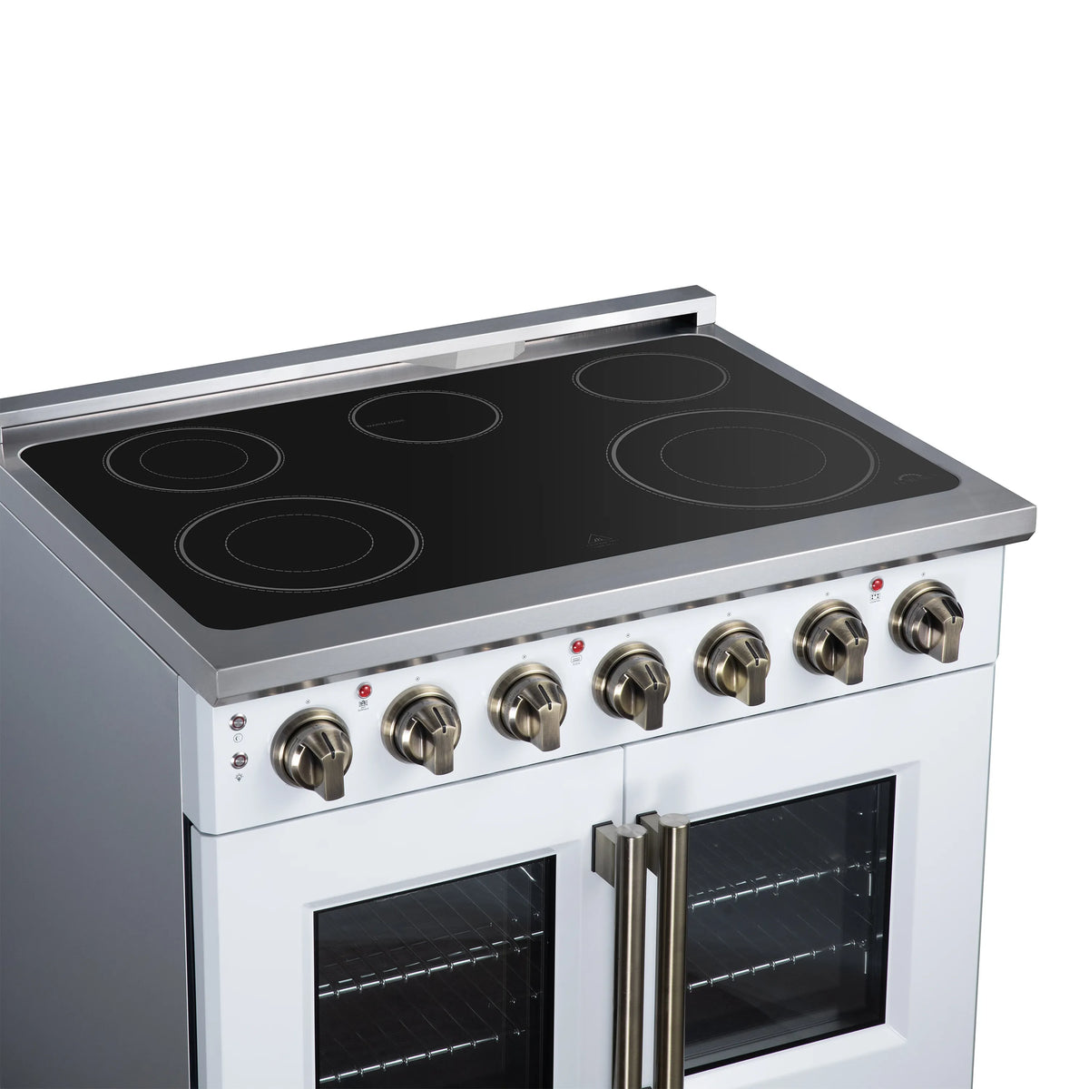 White electric range cooktop with five radiant burners and metal control knobs