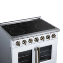White electric range cooktop with five radiant burners and metal control knobs