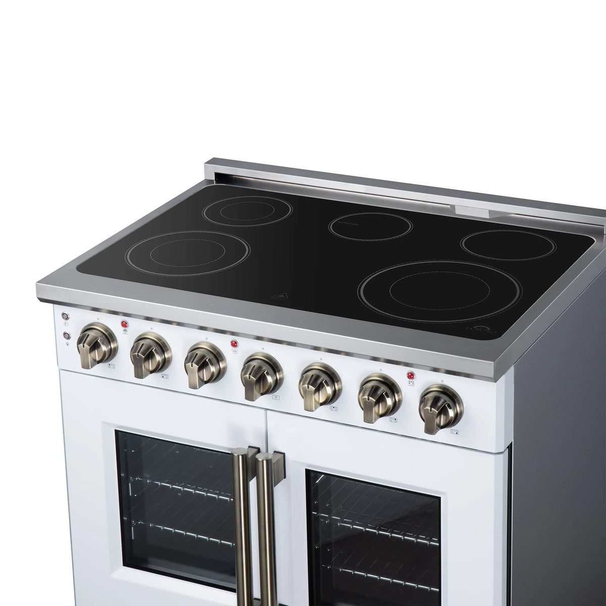 White electric range with black radiant cooktop, burner knobs, and dual glass French doors