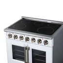 White electric range with black radiant cooktop, burner knobs, and dual glass French doors