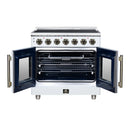 Electric range with open oven showing racks and dark oven chamber