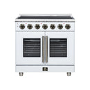 White electric range with radiant cooktop, knob controls, and French double oven doors