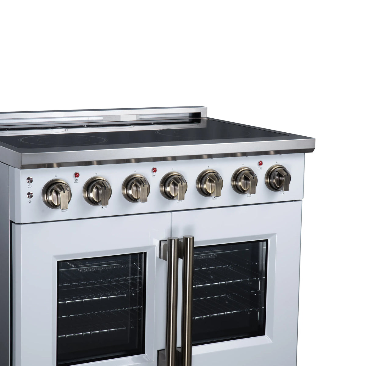 White electric range cooktop with radiant burner rings and round stainless control knobs