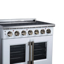 White electric range cooktop with radiant burner rings and round stainless control knobs