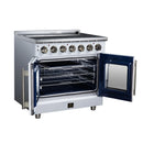 White electric range with French doors open to reveal a dark interior oven cavity