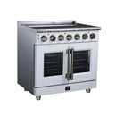White electric range with French doors, radiant burners, and stainless control knobs