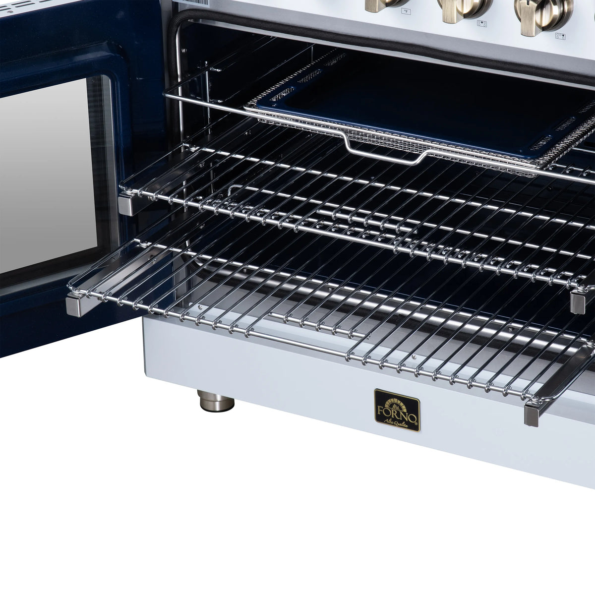 Electric oven cavity with chrome wire racks and heating elements, French doors open