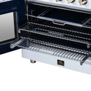 Electric oven cavity with chrome wire racks and heating elements, French doors open