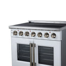 White electric range front with radiant burner controls and twin oven door windows