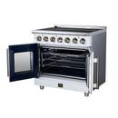 White electric range with both French doors open showing oven racks and dark cavity