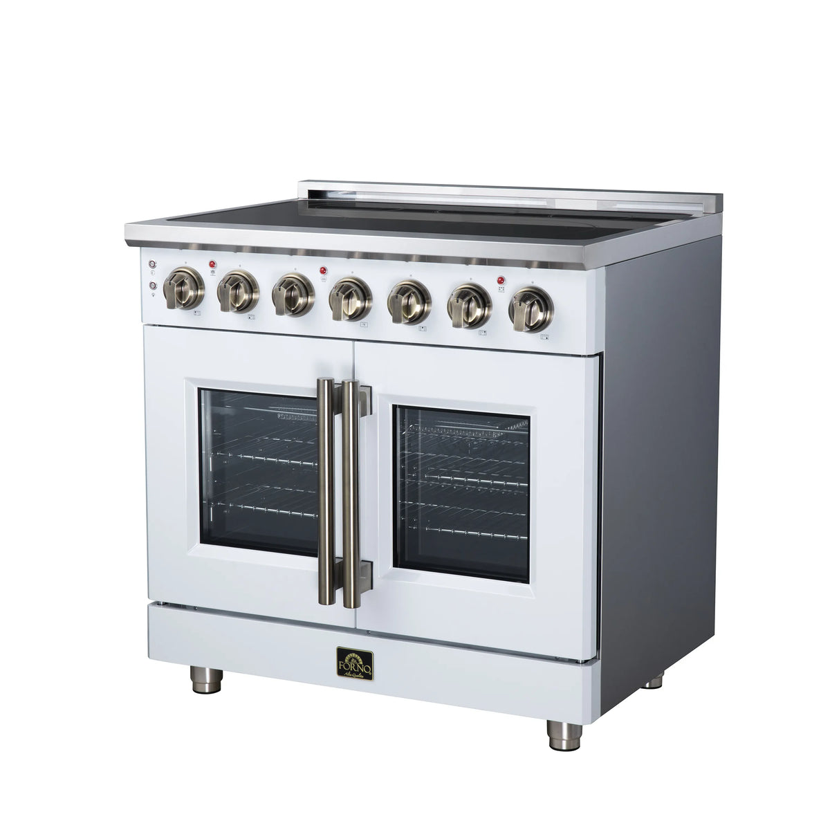 White electric range with two oven windows and antique-brass trim on French doors