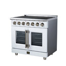 White electric range with two oven windows and antique-brass trim on French doors