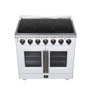 White electric range front view with four radiant burner elements and French doors