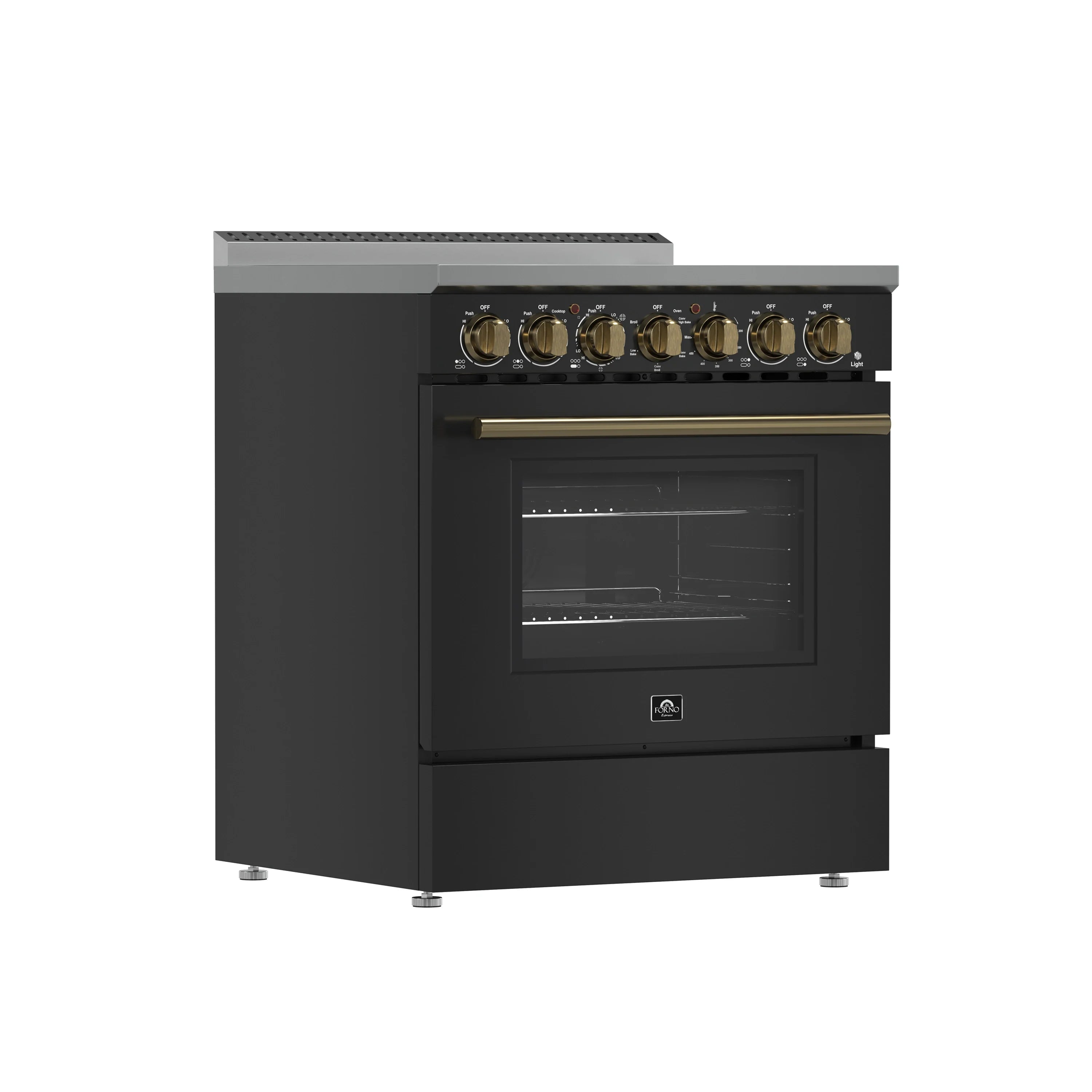 Black 30-inch electric range, front view with brass control knobs and oven door.