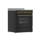 Forno 5-Piece Appliance Package - 30-Inch Electric Range, Wall Mount Range Hood, 60-Inch Refrigerator, Dishwasher, and 30-Inch Microwave Drawer in Black with Antique Brass Handle